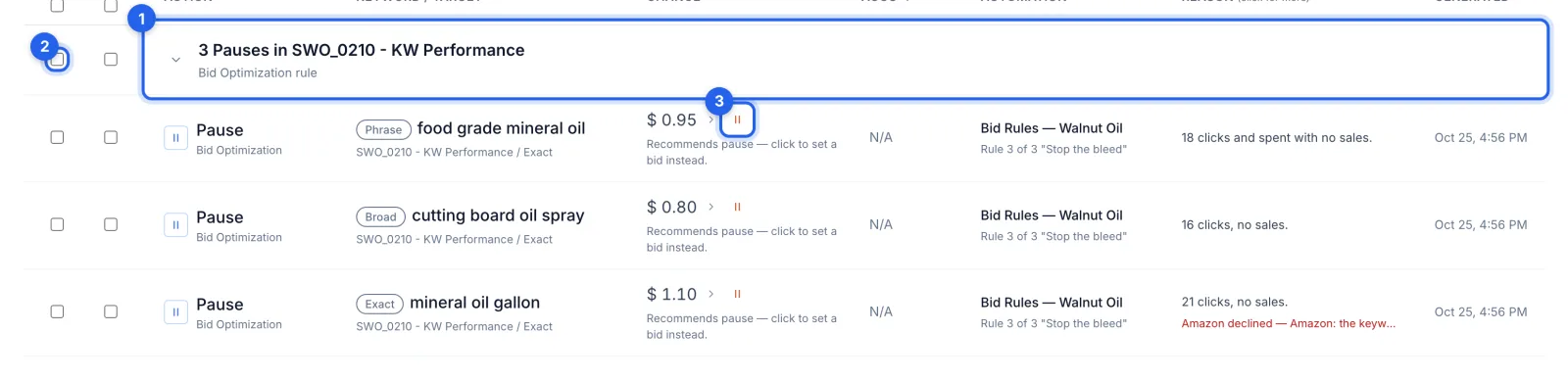 A group of 3 pauses opened, with the group row, its APPLY box and a pause's pause mark, each ringed