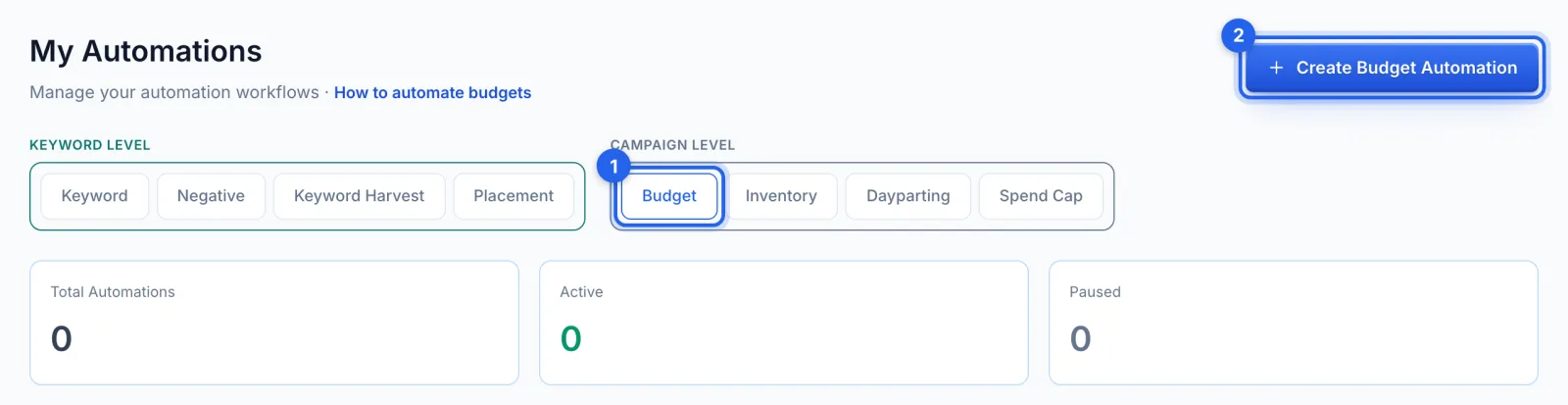 My Automations on the Budget tab, with the tab and Create Budget Automation ringed
