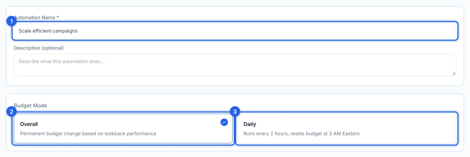 The rule named Scale efficient campaigns, with the Overall and Daily modes ringed