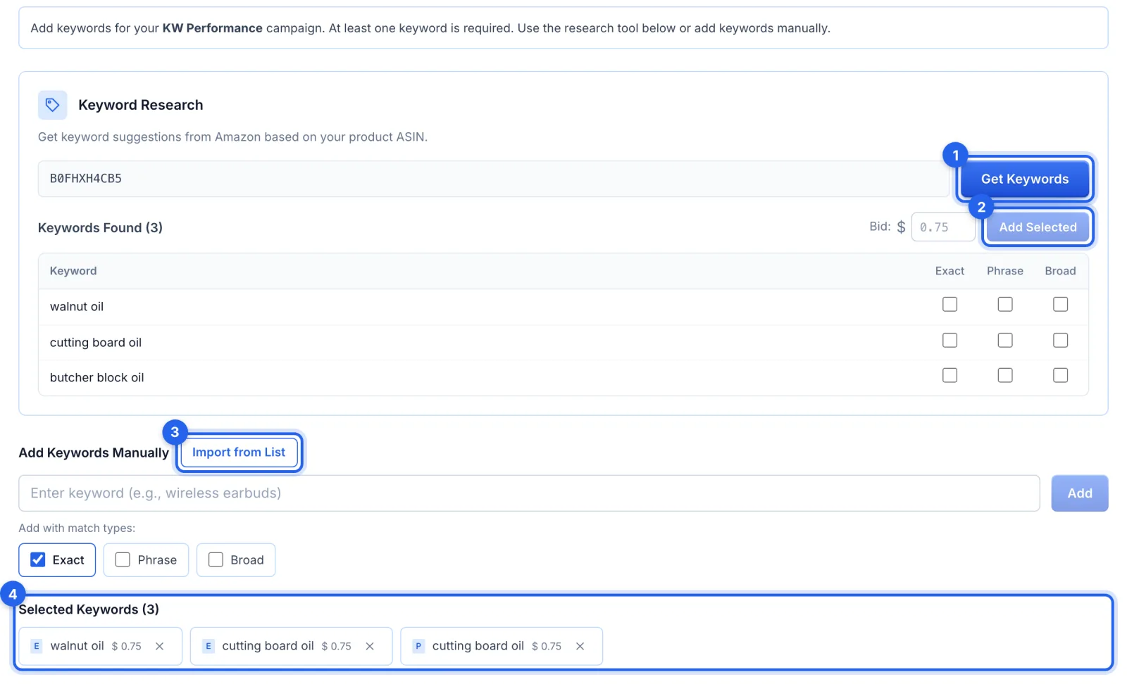 Keyword Research: Get Keywords, Add Selected, Import from List and the selected keywords, each ringed