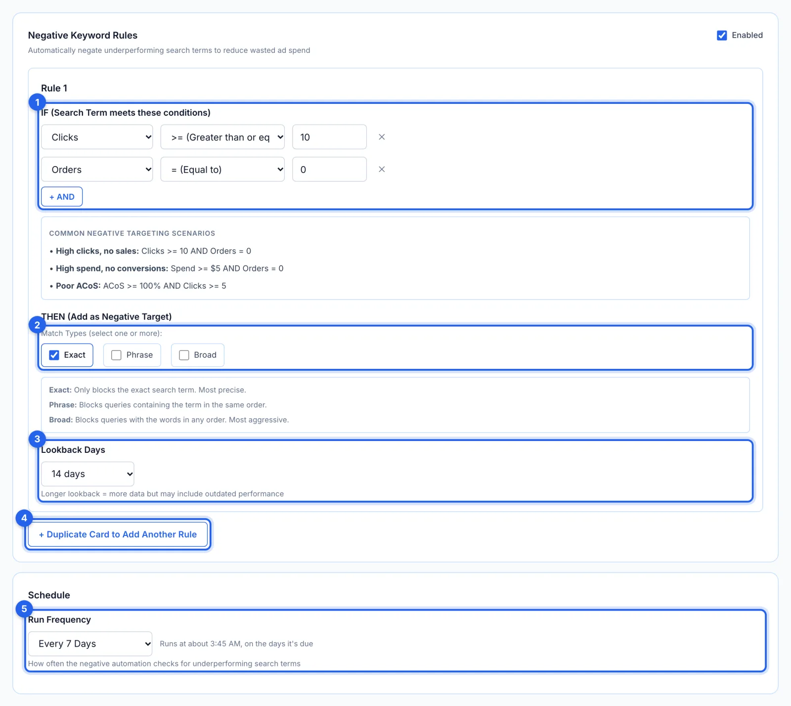 Negative Rules: the conditions, the match types, the lookback, Duplicate Card and the run frequency, each ringed