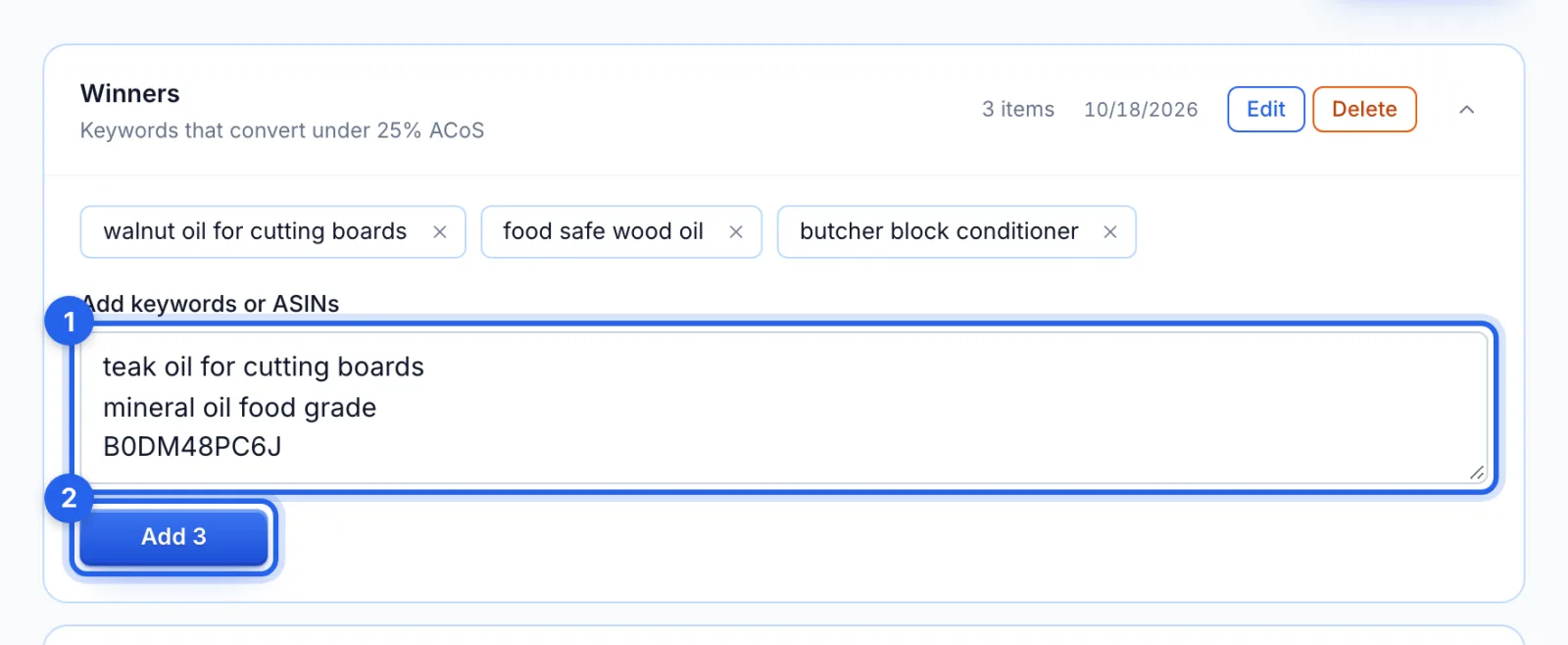 An open list with three keywords, three more items pasted in the box and the Add 3 button ringed