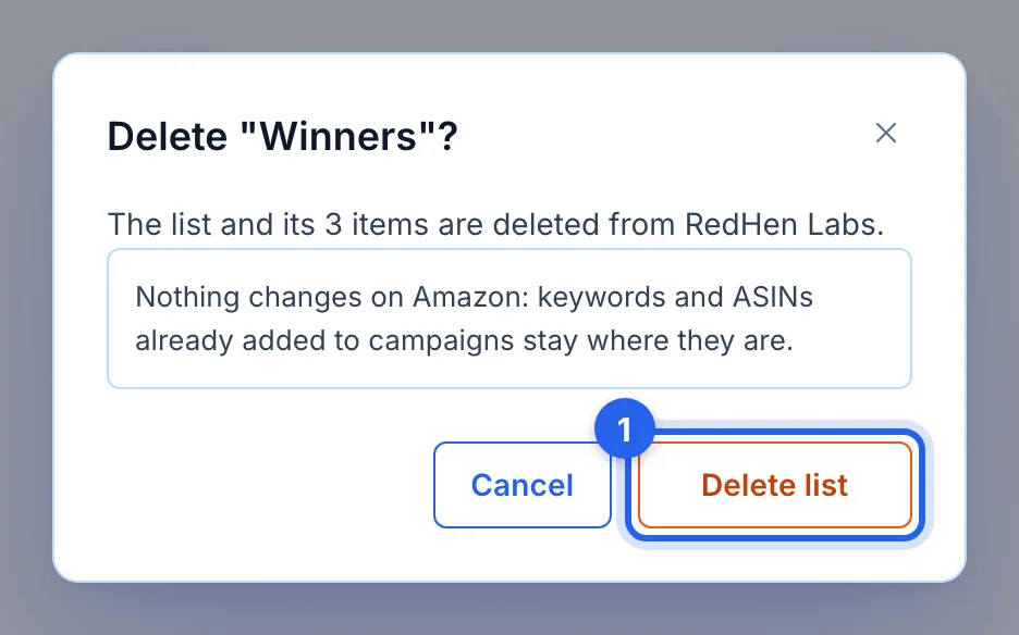 The Delete "Winners"? dialog, which says nothing changes on Amazon, with Delete list ringed