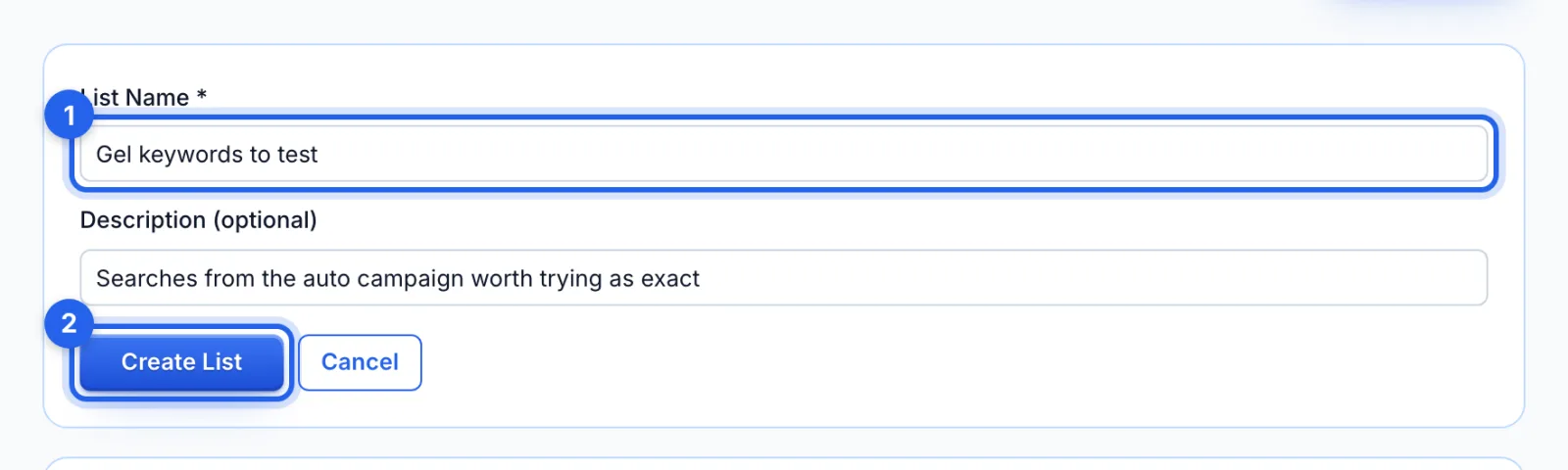 The new list form with a name typed and the Create List button ringed