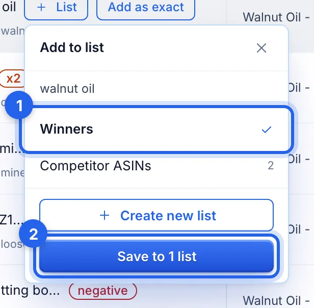 The Add to list pop-up for the search term "walnut oil", with the Winners list ticked and Save to 1 list ringed