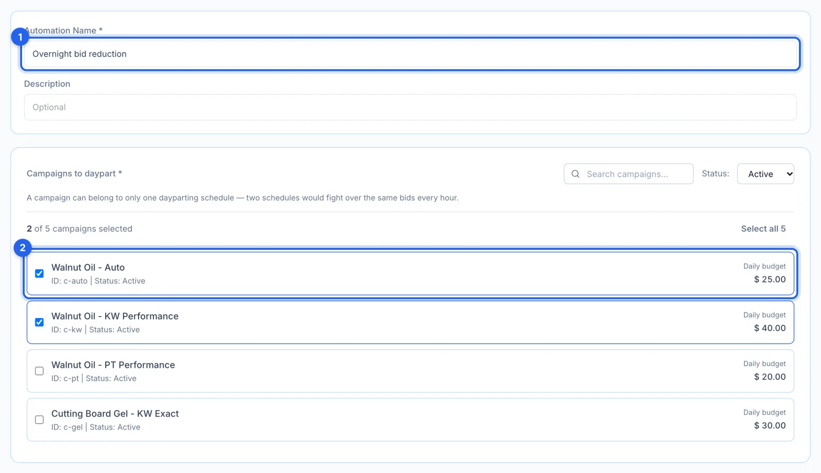 The schedule named Overnight bid reduction with two campaigns ticked, the name and the first campaign ringed